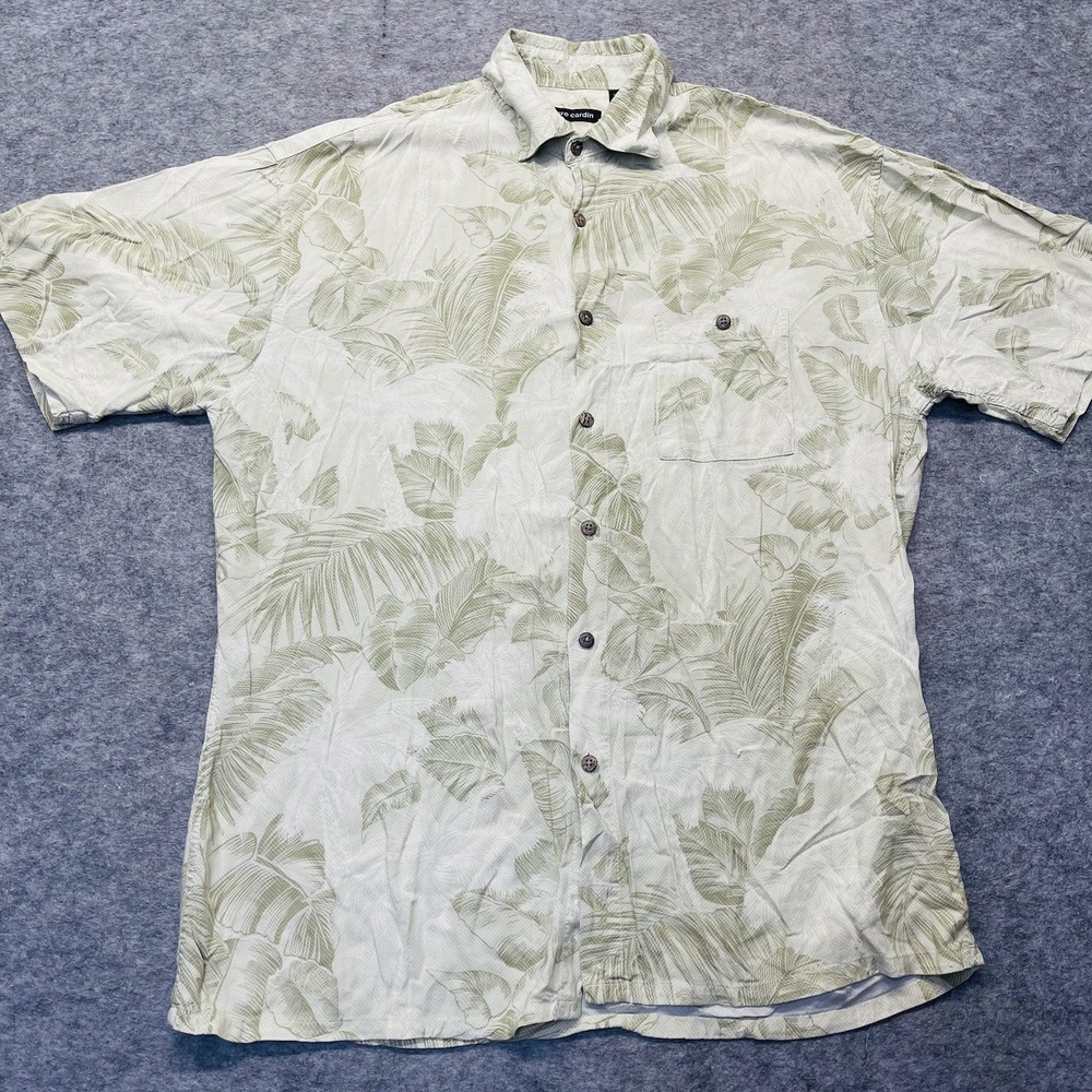 Pierre Cardin Men's M Green Tropical Rayon Short Sleeve Button Up Shirt